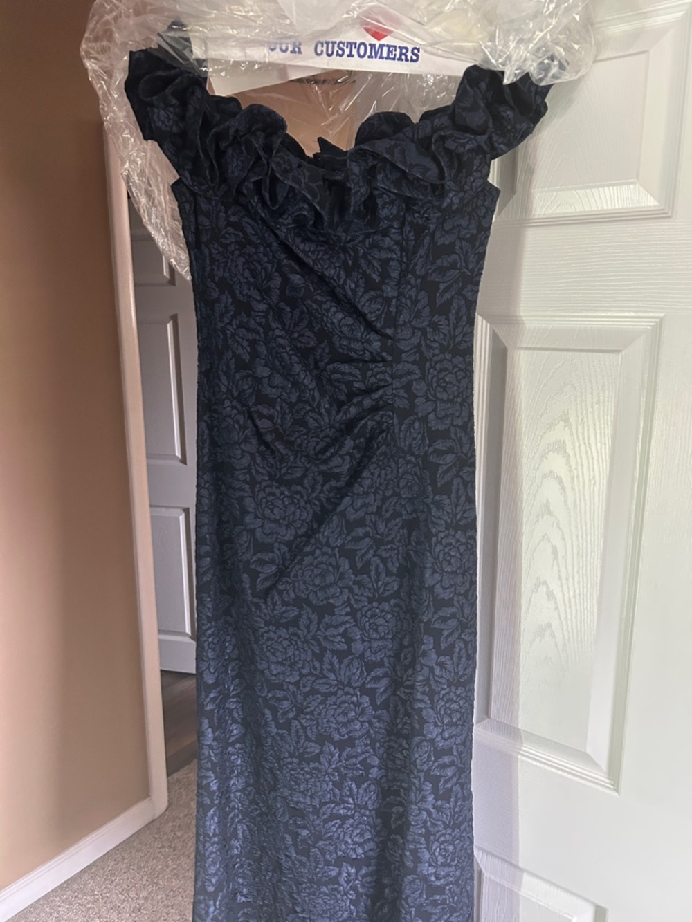 Xscape Navy Floral Jacquard Ruffle-Neck Maxi Dress